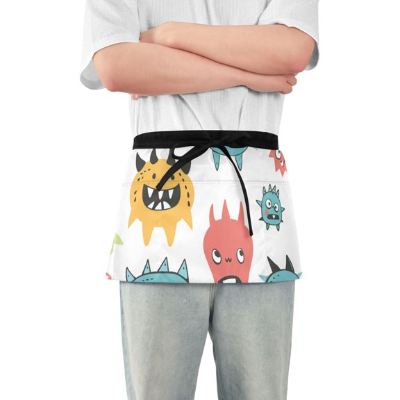 Monsters Cartoon Doodle Short Server Apron with 3 Pockets for Unisex Chef Gardening