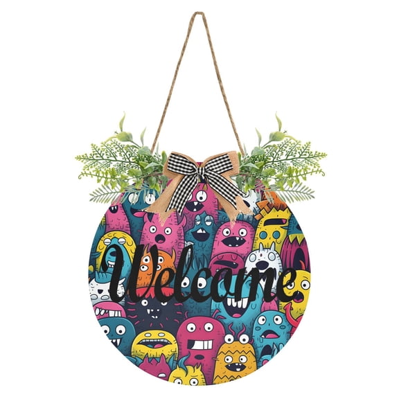 Monsters Colorful Welcome Sign for Front Door Wreath Door Sign for Farmhouse Porch Decoration Indoor Outdoor
