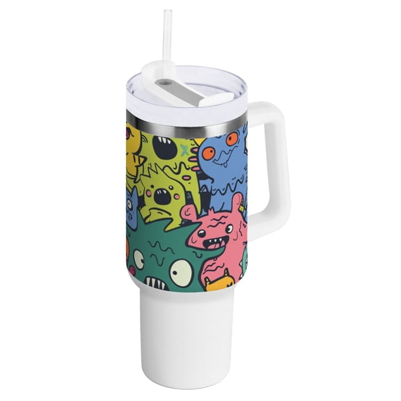 Monsters Doodle 40 oz Tumbler with Handle InsulatedTravel MugLid Straw Leak Proof Steel Vacuum Water Bottles Glasses Fits in Car Cup Holder