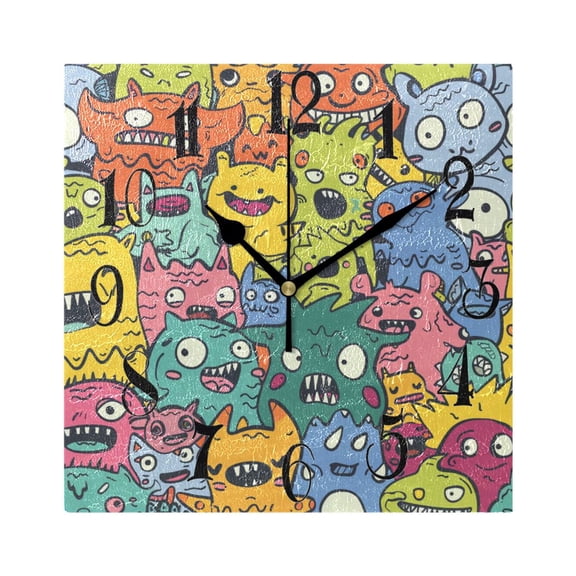 Monsters Doodle Wall Clock Decorative Square Silent Non-Ticking Operated Clocks Aesthetic for Bedroom Living Room
