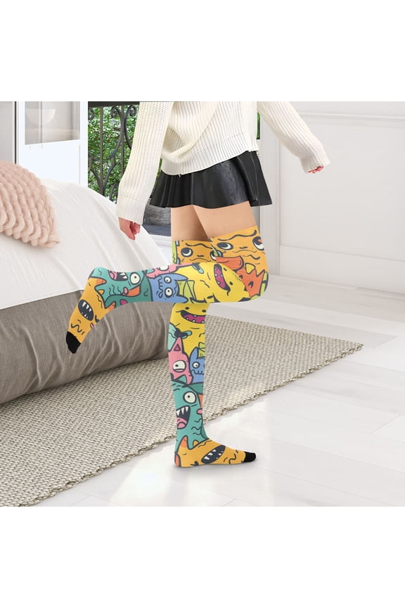 Monsters Doodle Womens Thigh High Stocks Over Knee High Socks Thigh Tigh Boot Stockings
