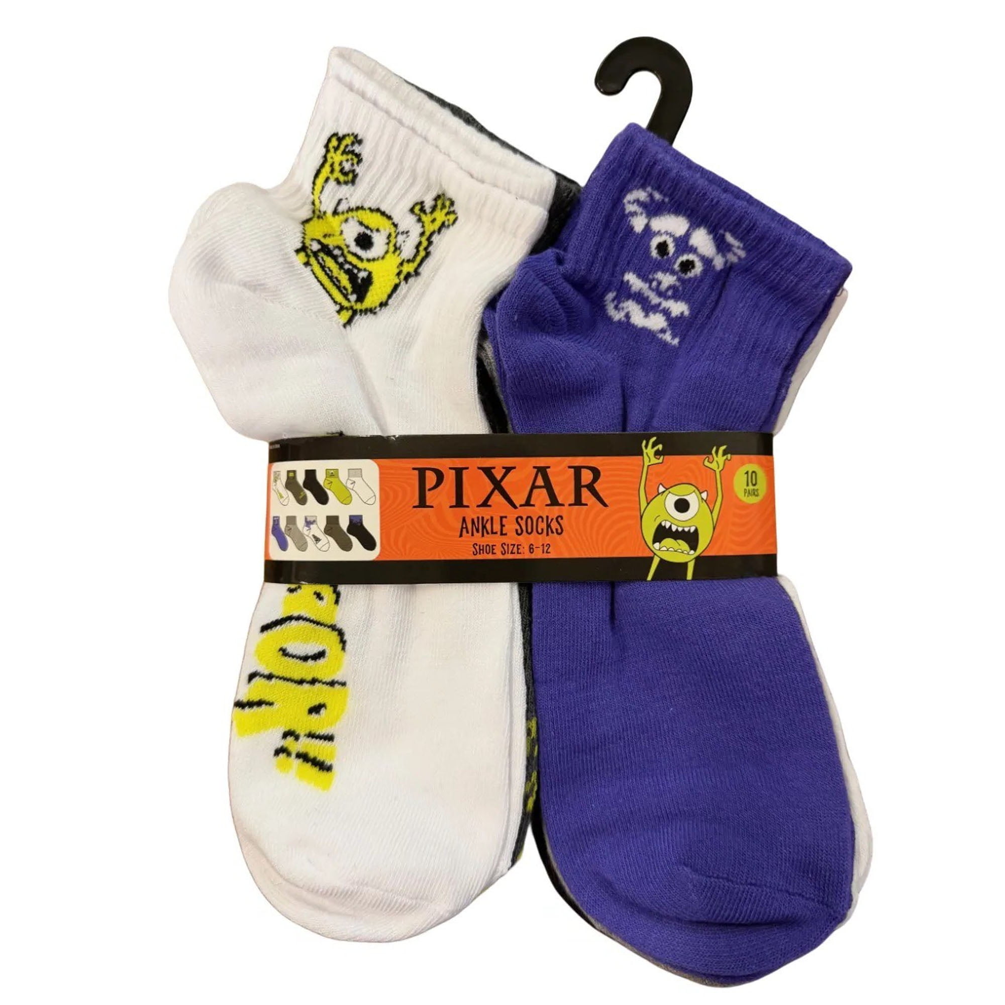 Monsters Inc. 10-Pack Unisex Ankle Socks Assorted Colors and Designs 6-12