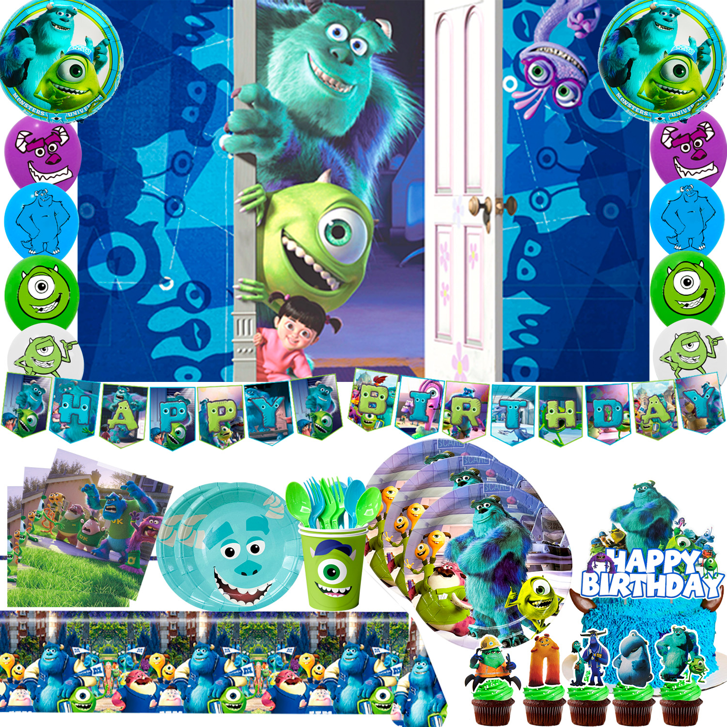 Monsters Inc Party Decoration,114pcs Monsters Inc Birthday Decoration&Monsters Inc Tableware Set- Monsters Incc Banner Balloon Backdrop Plates Cups etc Monsters Inc Birthday Party Supplies