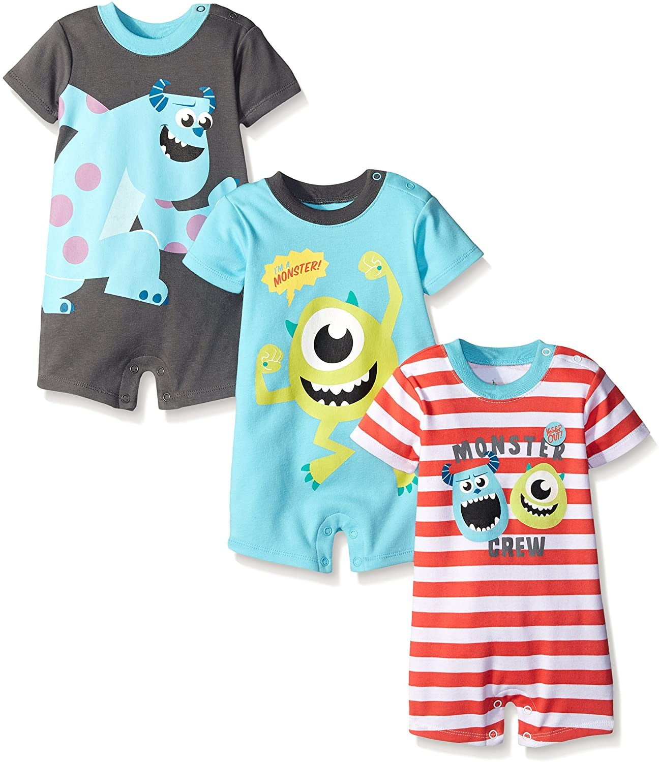 Monsters Inc. Mike Wazowski and Sully Boys 3 Pack Long Sleeve Romper, Infant