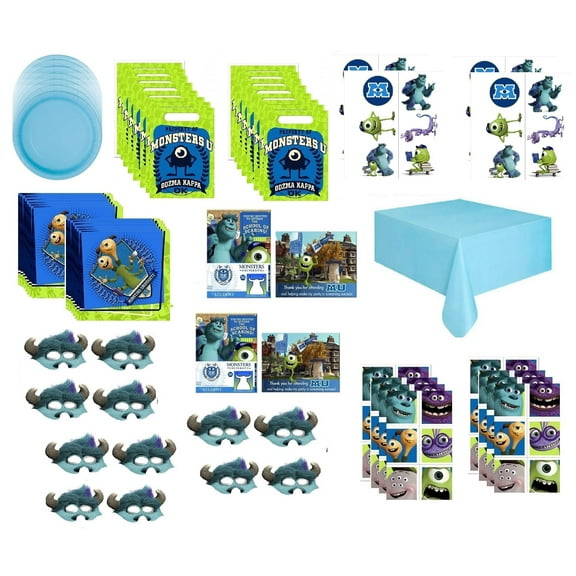 Monsters University Birthday Party Supplies Bundle Pack for 16 includes Plates, Napkins, Table Cover, Paper Mask, Loot Bags, Invitations, Thank You Notes, Stickers, Tattoos