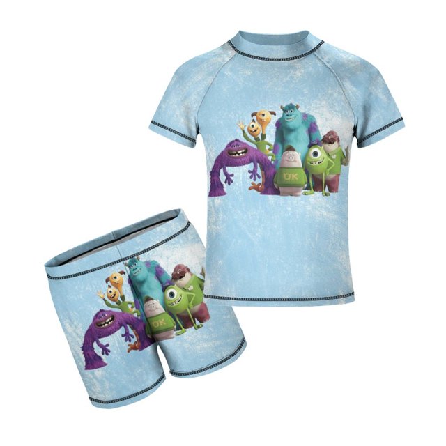 Monsters University Cartoon Boy's Swimsuit Short Sleeve T Shirt Swim Trunks Shorts Swimwear Summer Kid's Two Pieces Split Rash Guard Bathing Suit Set