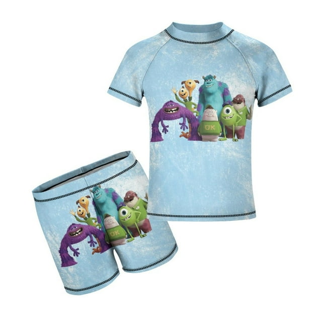 Monsters University Cartoon Boy's Swimsuit Short Sleeve T Shirt Swim Trunks Shorts Swimwear Summer Kid's Two Pieces Split Rash Guard Bathing Suit Set