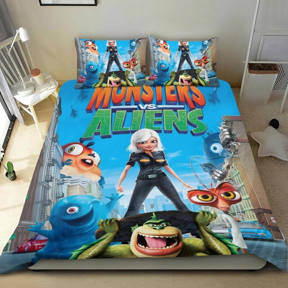 Monsters Vs. Aliens-themed Bed Sheet Set Three Piece Set Comfortable And Skin Friendly Unique Design Home Decor Gifts For Family Friends fans54''x79''135cm*200cm