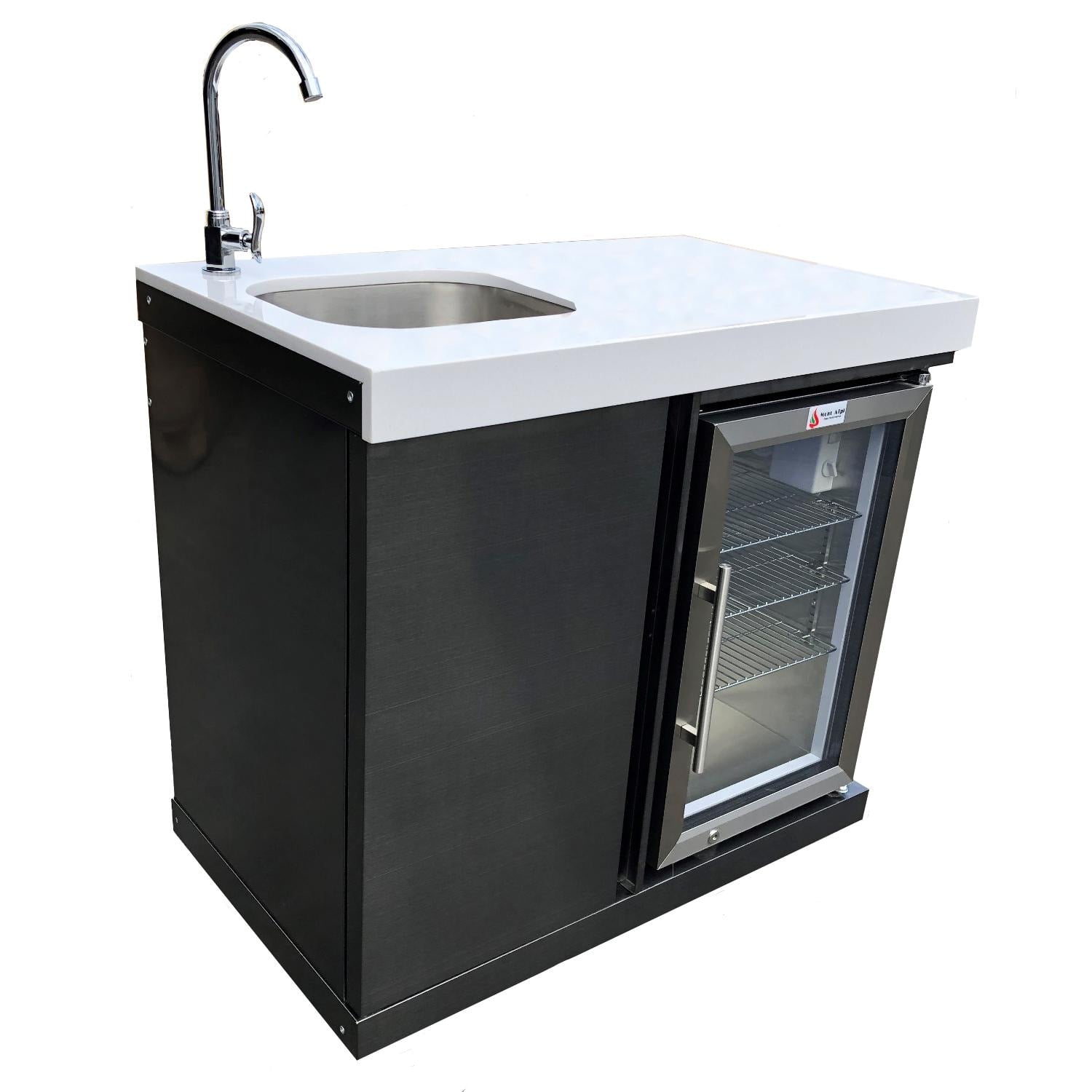 Black Stainless Steel Outdoor Beverage Center with Sink and Fridge