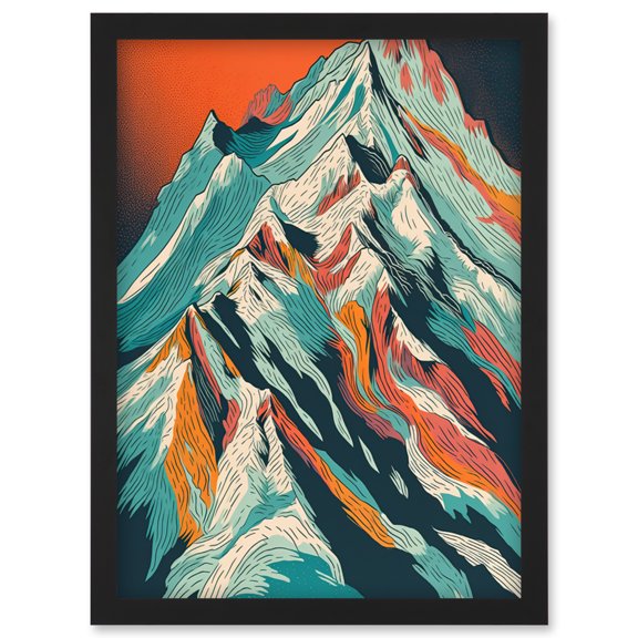 Mont Blanc Mountain Peak Linocut Illustration Artwork Framed Wall Art Print A4