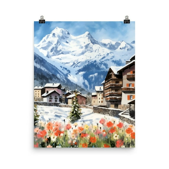 Mont Blanc Print, Alpine Spring Landscape Wall Art, French Alps Travel Poster, European Mountain Decor, Chalet Nature Artwork Home Decor #3928, Unframed Canvas Size 8x12