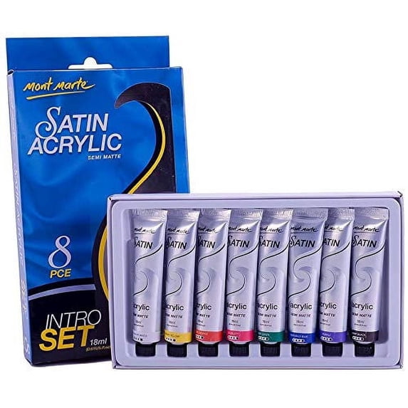 Mont Marte Premium Satin Acrylic Intro Set, 8 Piece, 0.6oz (18ml) Tubes, Semi-Matte Finish, Suitable for Most Surfaces