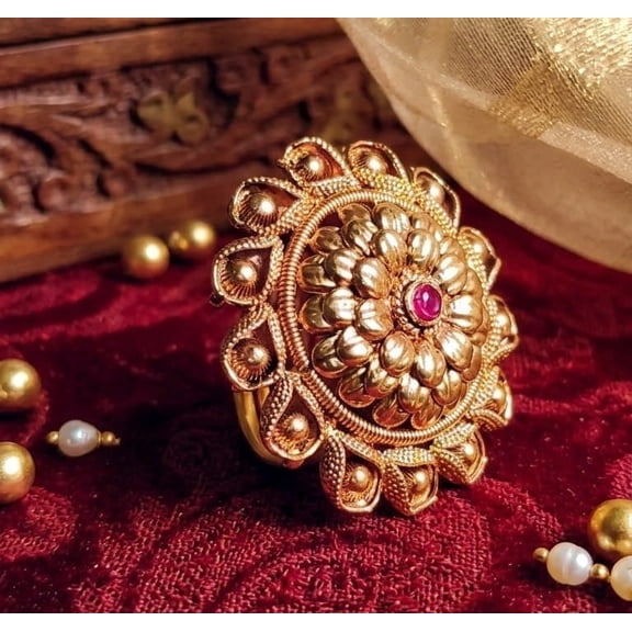 Monta LuxeX Rudra Pushp Ring | Natural Stone Premium Imitation Jewellery Floral Statement Ring
