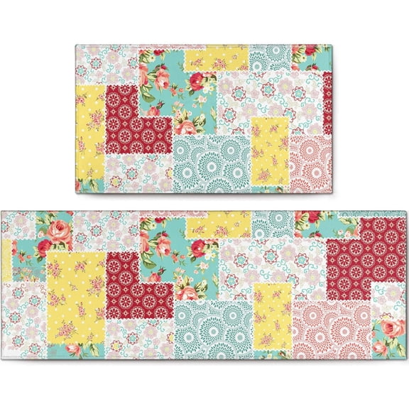 Montage Floral Kitchen Rugs 2 Piece Set Non Skid, Washable Boho Rugs for Kitchen Floor Set of 2, Colorful Bohemia Flower Kitchen Mats and Rugs for Indoor,Hallway,Laundry