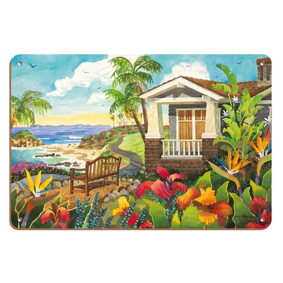 The Montage - Laguna Beach California - Seaside Bench Ocean View - From an Original Watercolor Painting by Robin Wethe Altman - 8 x 12 inch Vintage Wood Art Sign