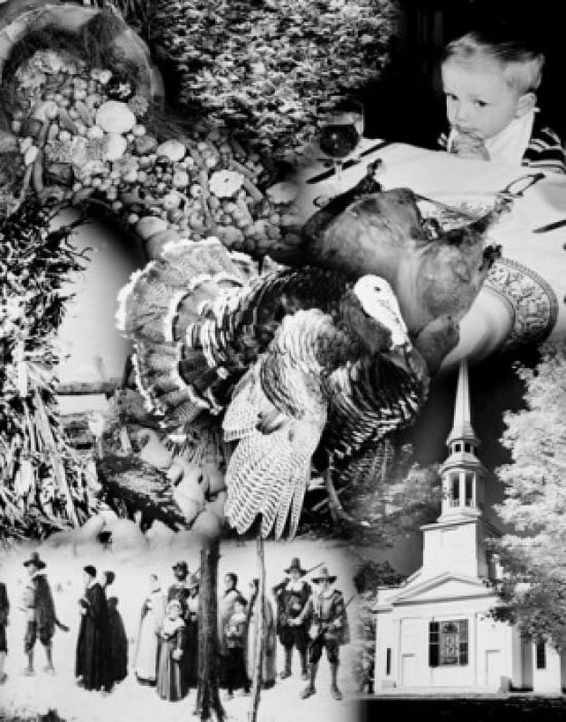 Montage of a boy sitting at a dining table on Thanksgiving Day and group of pilgrims standing in front of a church Canvas Art -  (24 x 36)