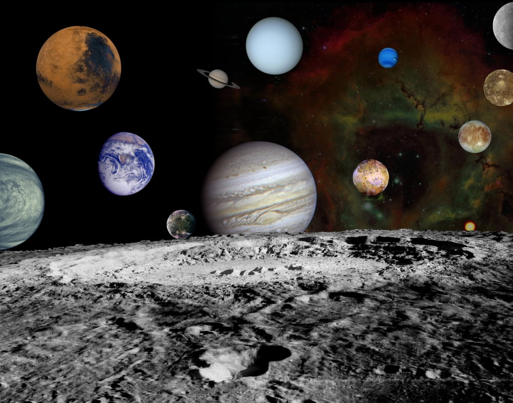 Montage of the planets and Jupiters moons Canvas Art - Stocktrek Images (31 x 25)