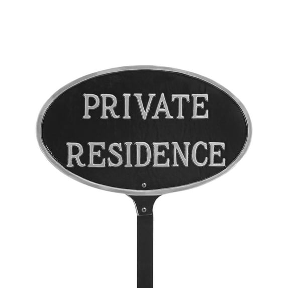 6" x 10" Small Oval Private Residence Statement Plaque Sign with Lawn Stake - Black/Silver