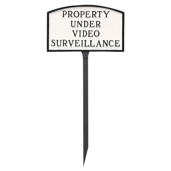5.5" x 9" Small Arch Property Under Video Surveillance Statement Plaque Sign with Lawn Stake - White/Black