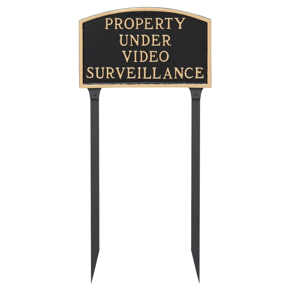 10" x 15" Standard Arch Property Under Video Surveillance Statement Plaque Sign with Lawn Stakes - Black/Gold