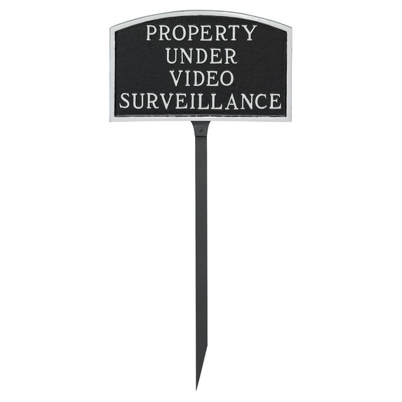5.5" x 9" Small Arch Property Under Video Surveillance Statement Plaque Sign with Lawn Stake - Black/Silver