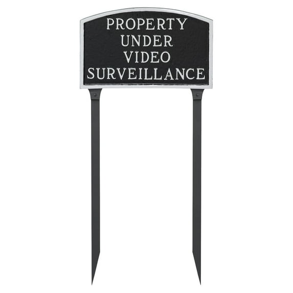 10" x 15" Standard Arch Property Under Video Surveillance Statement Plaque Sign with Lawn Stakes - Black/Silver