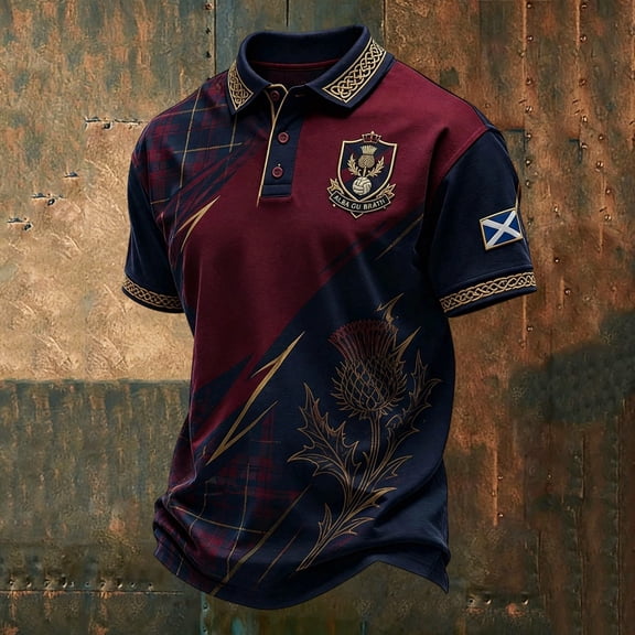 Soccer Jersey Polo Shirt for Men Scotland Short Sleeve Shirt British Scotland Football Fans Classic Top Day Support Blend Knit Casual Shirts L
