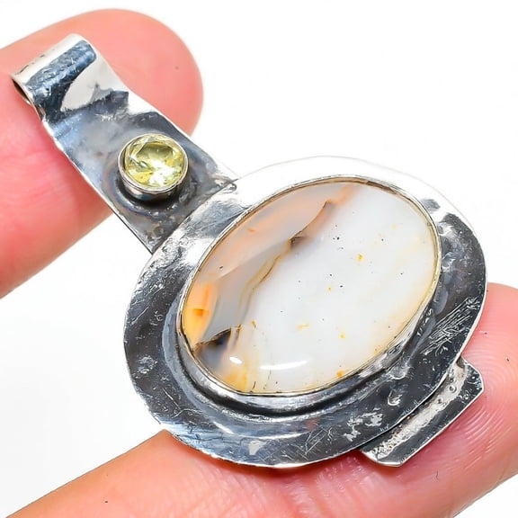 Natural Montana Agate, Citrine Gemstone 925 Sterling Silver Pendant 1.93"