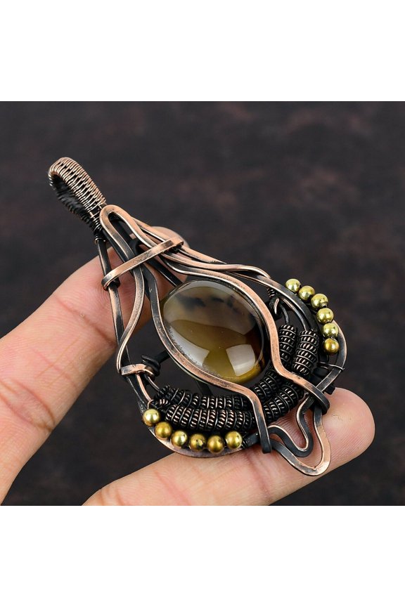Montana Agate Gemstone Jewelry Copper Friend Gift Wire Wrapped Pendant 3.7"