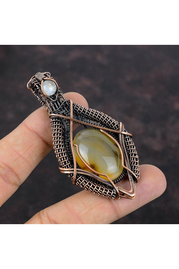 Montana Agate Gemstone Jewelry Copper Gift For Bestie Wire Wrapped Pendant 2.91"