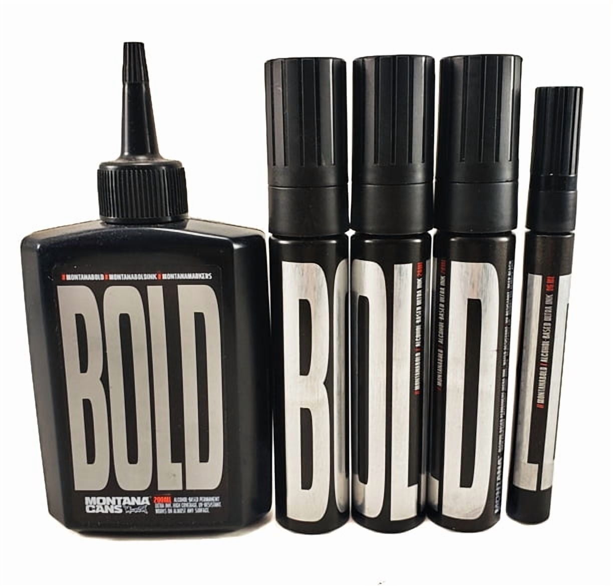 Montana Bold Marker Complete Set, Artist 4-Pack Deep Black Premium Ink Markers & 200ml Refill Ink