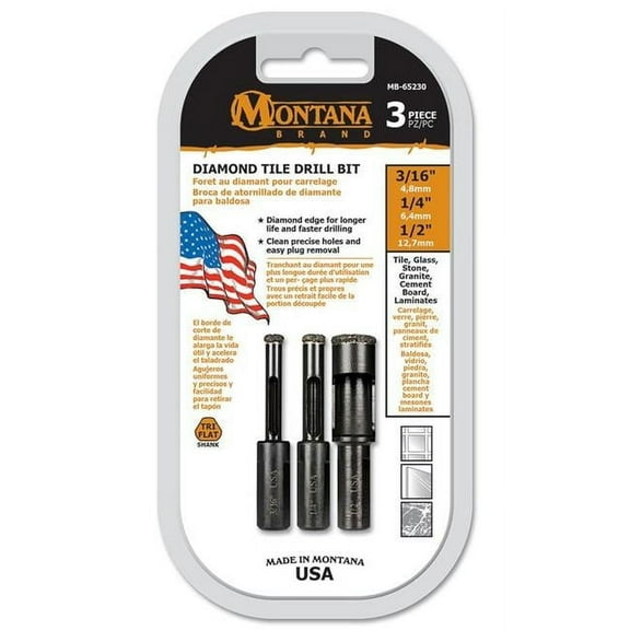 Montana Brands MB-65230 3 Piece Diamond/Tile Drill Set, 3/16", 1/4", 1/2", Hex Shank