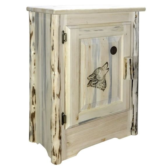 Montana Collection Accent Cabinet w/ Laser Engraved Wolf Design, Left Hinged, Ready to Finish