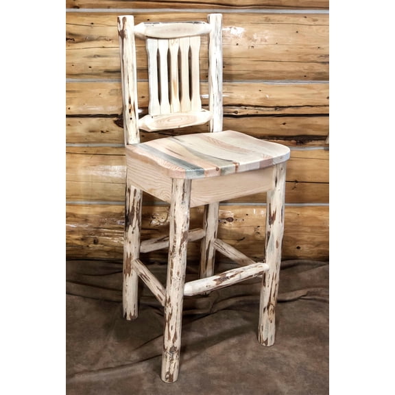 Montana Collection Barstool w/ Back, Clear Lacquer Finish, Ergonomic Wooden Seat