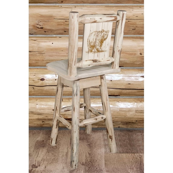 Montana Collection Barstool w/ Back & Swivel w/ Laser Engraved Bear Design, Clear Lacquer Finish