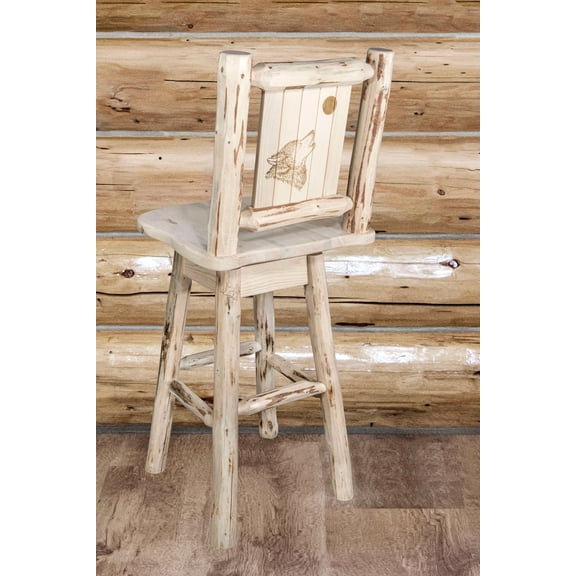 Montana Collection Barstool w/ Back & Swivel w/ Laser Engraved Wolf Design, Ready to Finish