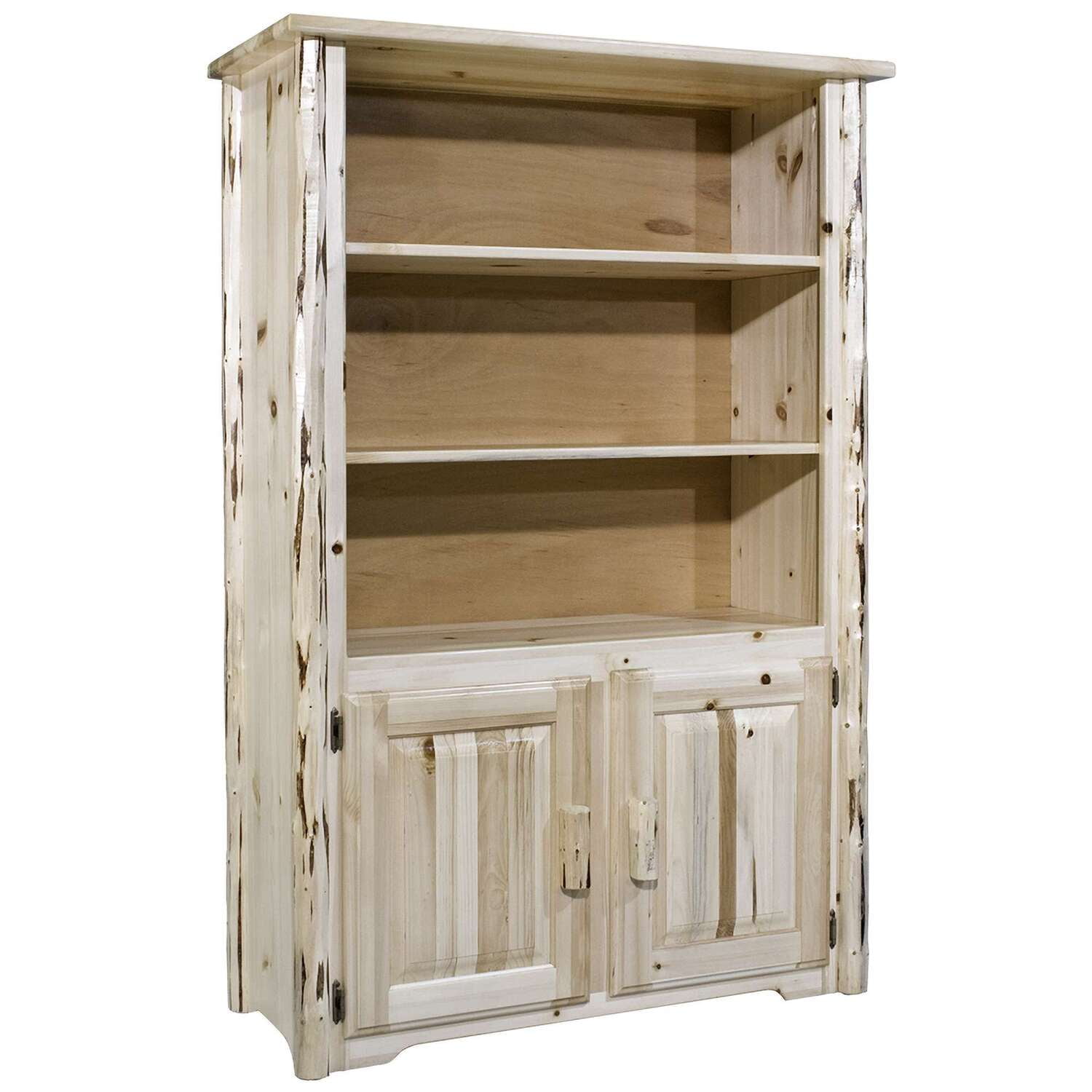 Rustic Handcrafted Pine Bookcase with Lodgepole Accents and Storage Doors