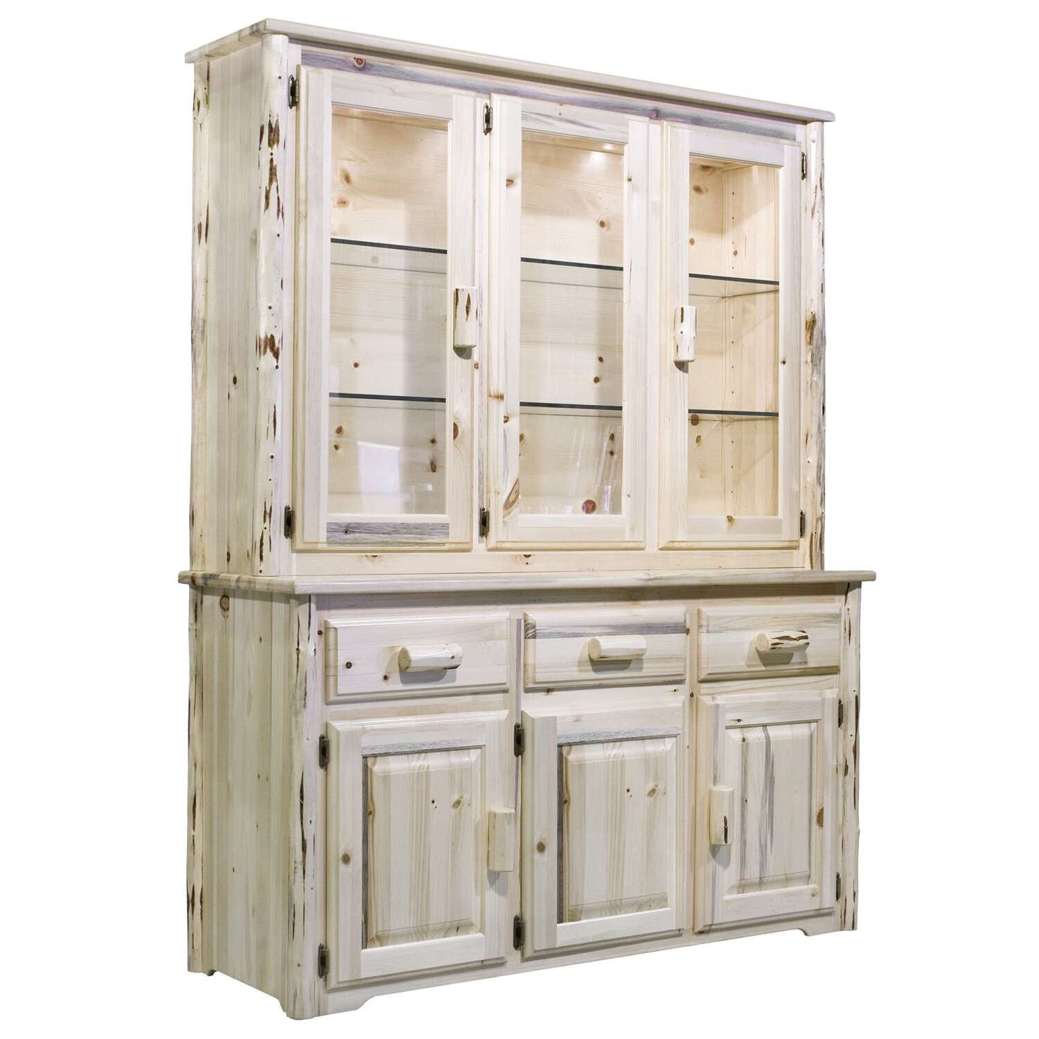 Rustic Lighted Pine Wood China Cabinet