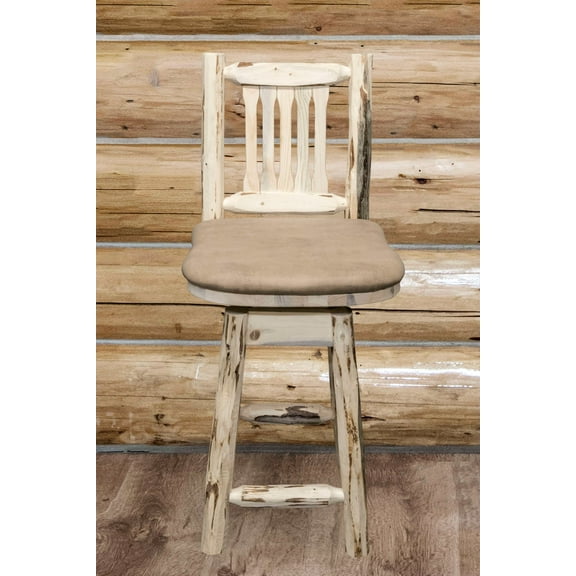 Montana Collection Counter Height Barstool w/ Back & Swivel - Buckskin Upholstery, Clear Lacquer Finish