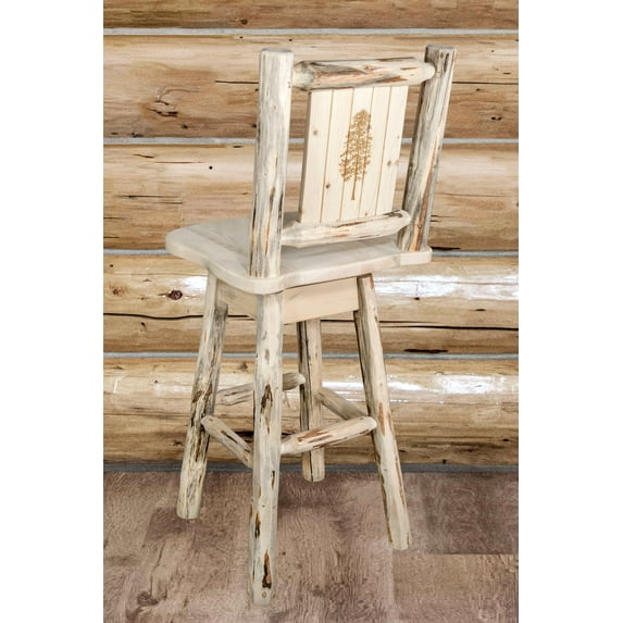 Montana Collection Counter Height Barstool w/ Back & Swivel w/ Laser Engraved Pine Tree Design, Clear Lacquer Finish
