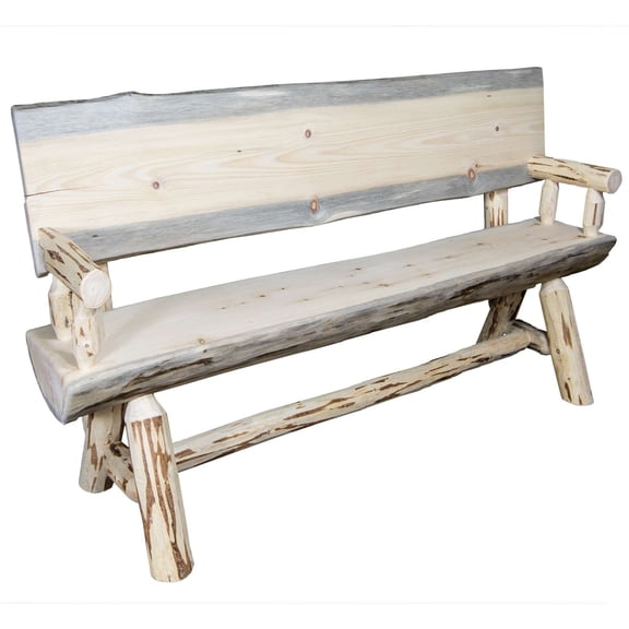 Montana Collection Half Log Bench w/ Back & Arms, Clear Lacquer Finish, 4 Foot