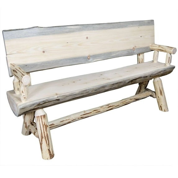 Montana Collection Half Log Bench w/ Back & Arms, Clear Lacquer Finish, 5 Foot