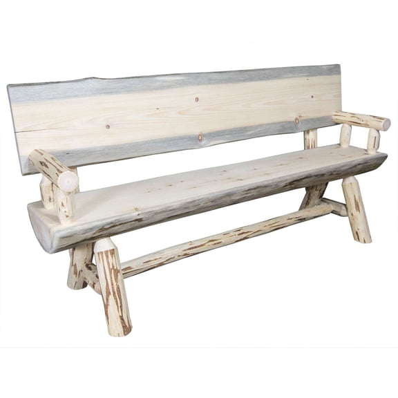 Montana Collection Half Log Bench w/ Back & Arms, Clear Lacquer Finish, 6 Foot