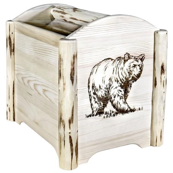 Montana Collection Magazine Rack with Laser Engraved Bear Design, Clear Lacquer Finish