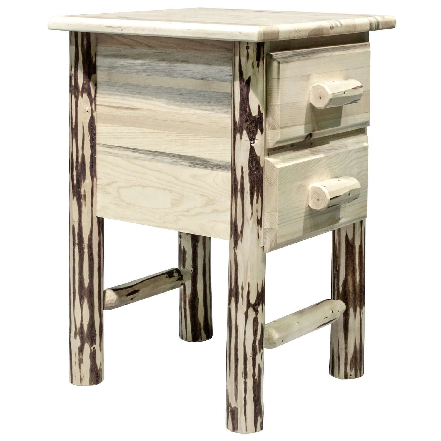 Rustic Lodge Pole Pine Two-Drawer Nightstand with Clear Lacquer Finish