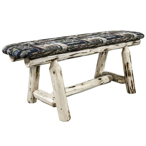 Montana Collection Plank Style Bench, Clear Lacquer Finish, 45 Inch w/ Woodland Upholstery