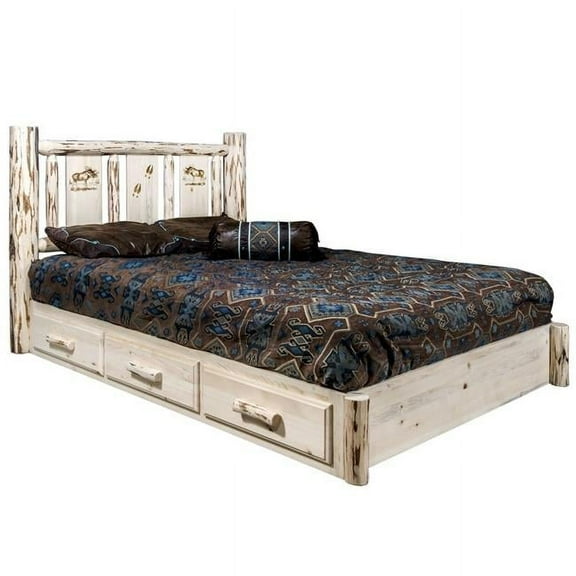 Montana Collection Platform Bed w/ Storage, Full w/ Laser Engraved Moose Design, Clear Lacquer Finish