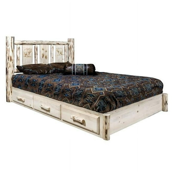 Montana Collection Platform Bed w/ Storage, Queen w/ Laser Engraved Bear Design, Ready to Finish