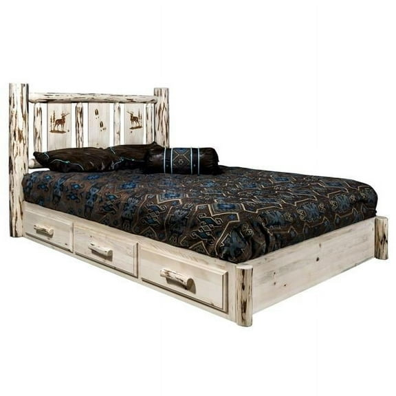 Montana Collection Platform Bed w/ Storage, Queen w/ Laser Engraved Elk Design, Clear Lacquer Finish