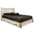 thumbnail image 1 of Montana Collection Platform Bed w/ Storage, Queen w/ Laser Engraved Wolf Design, Clear Lacquer Finish, 1 of 4